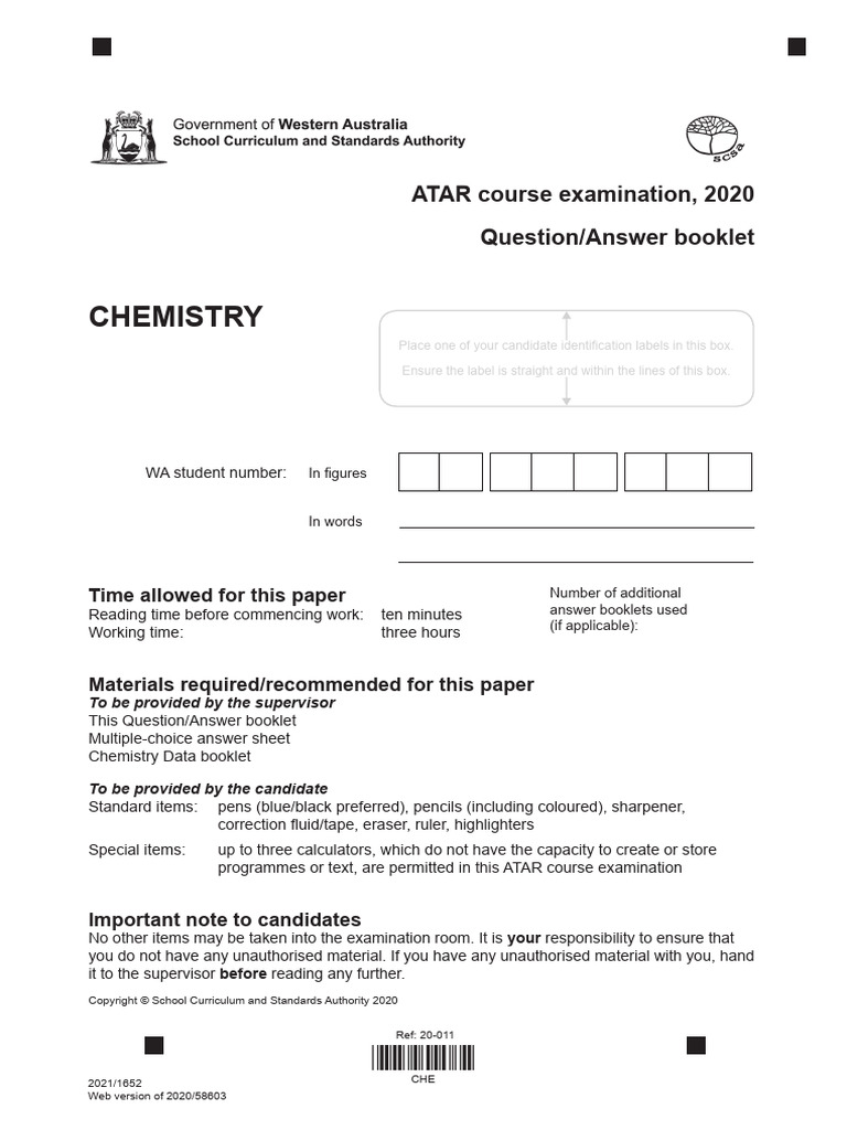 2020 CHE Written Examination Web version | PDF | Chemical Reactions | Acid