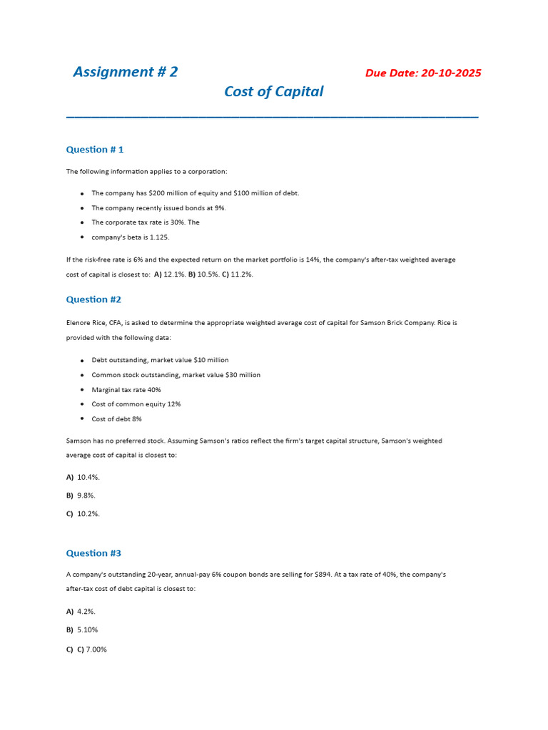 Assignment # 2 Cost of Capital | PDF | Cost Of Capital | Capital Structure
