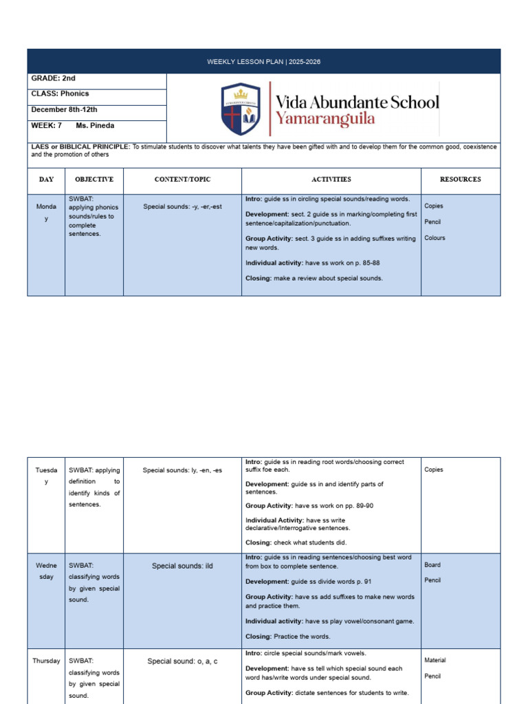 Lesson Plan Week 7 December 8th-12th | PDF | Word | Phonics