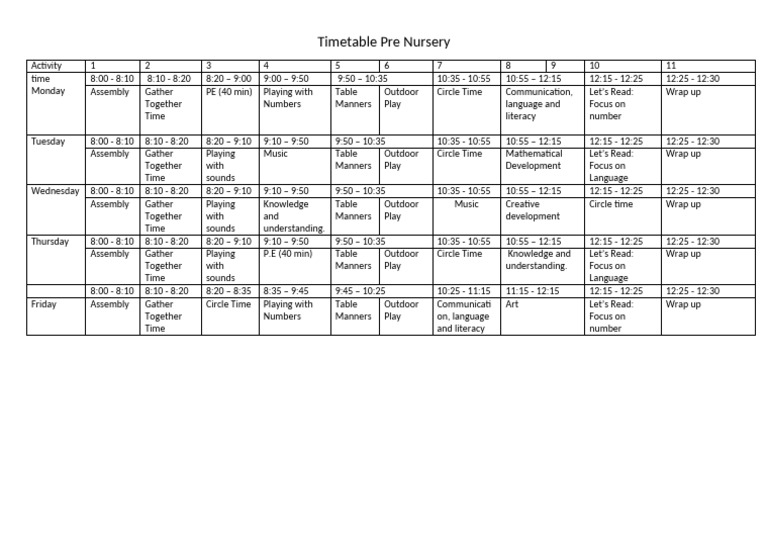 Pre Nursery Timetable 2023-24 | PDF