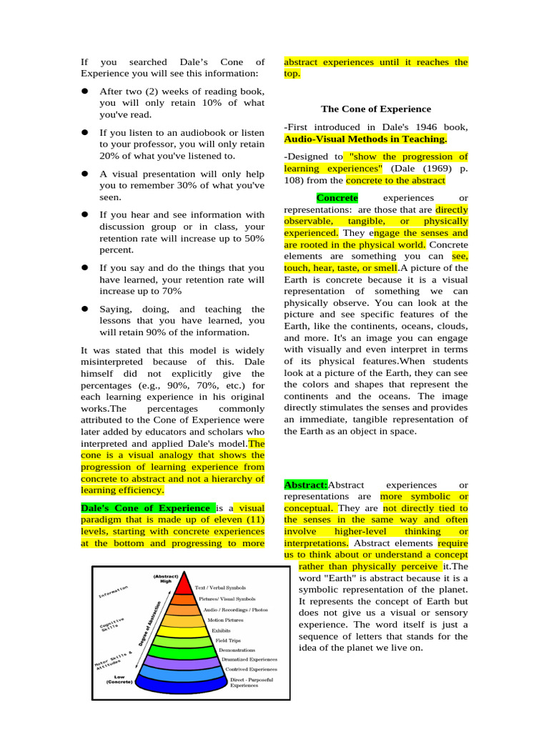 Dale's Cone of Experience | PDF | Experience | Perception