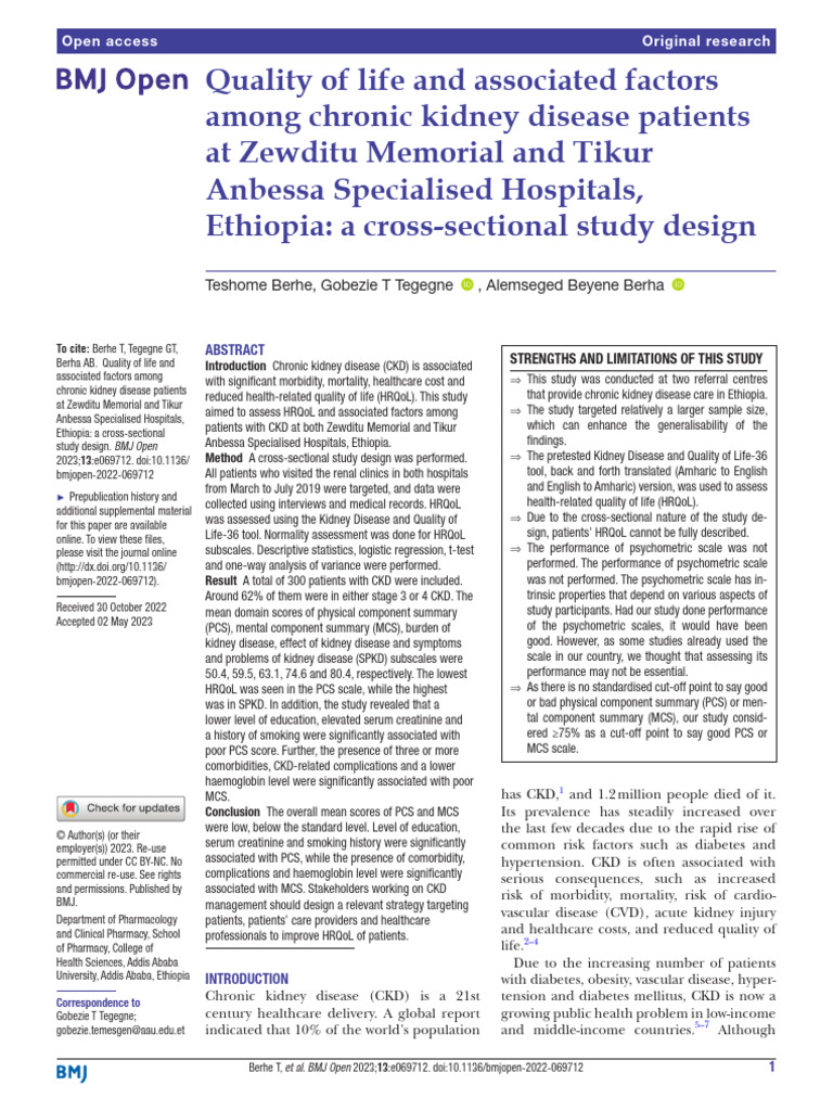 Quality of Life and Associated Factors Among Chronic Kidney Disease ...