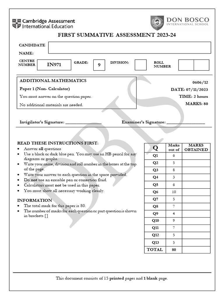 Gr9 Add Math p1 Qp Sa1 Ay 2023-24 | PDF | Tangent | Differential Geometry