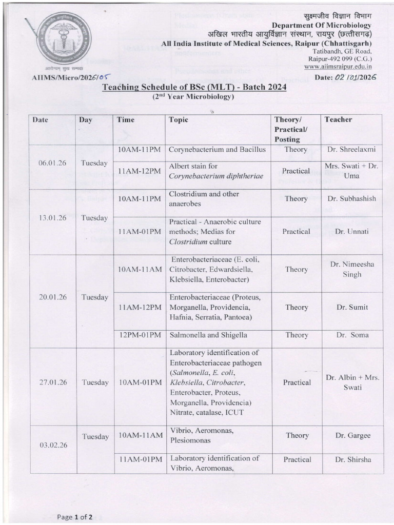 Teaching Schedule of BSC MLT 2nd Year Batch-2024 (W.e.f. 06.01.2026 To ...