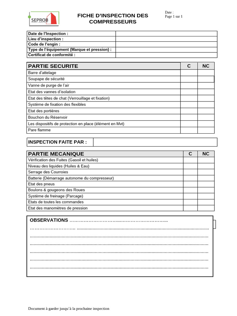 Fiche Inspection Des Compesseur | PDF