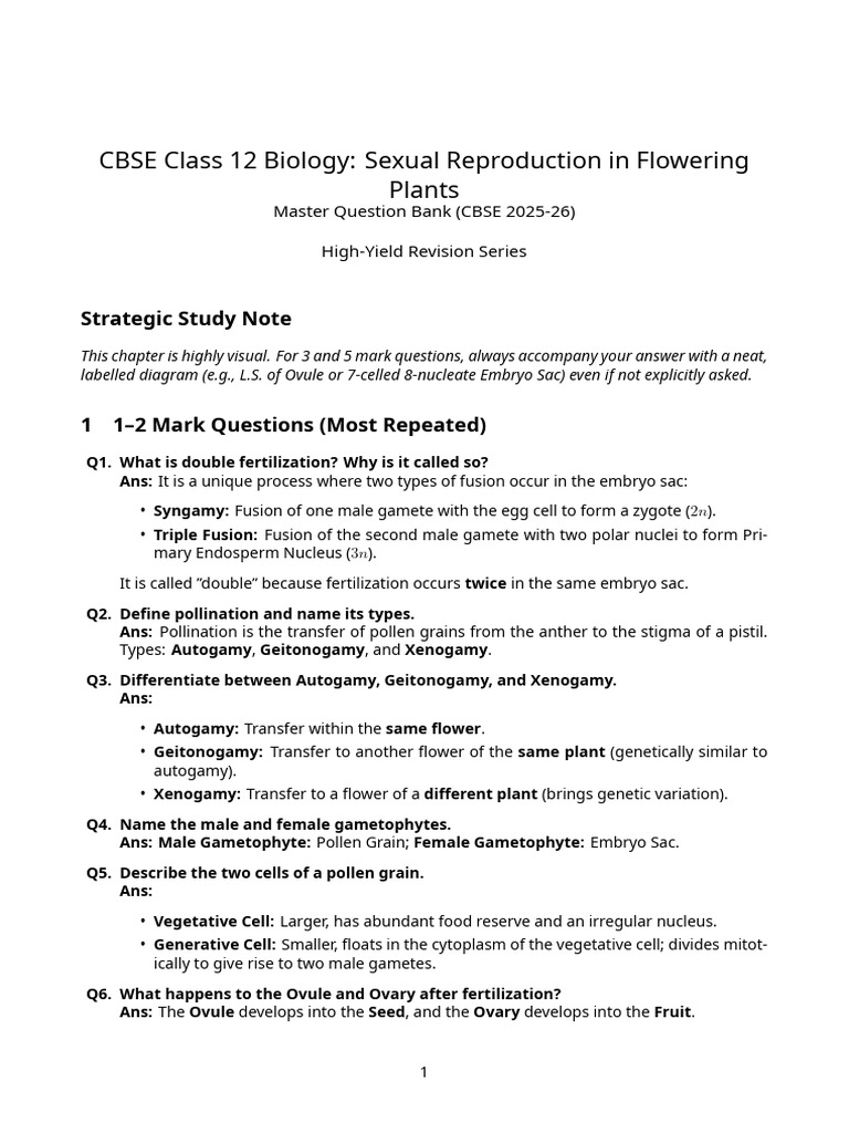 CBSE Class 12 Biology Chapter 1 PYQs | PDF | Fertilisation | Branches ...