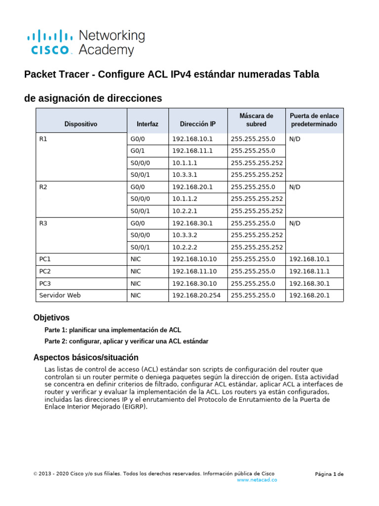 5.1.8 Packet Tracer Configure Numbered Standard Ipv4 Acls - Es XL | PDF ...