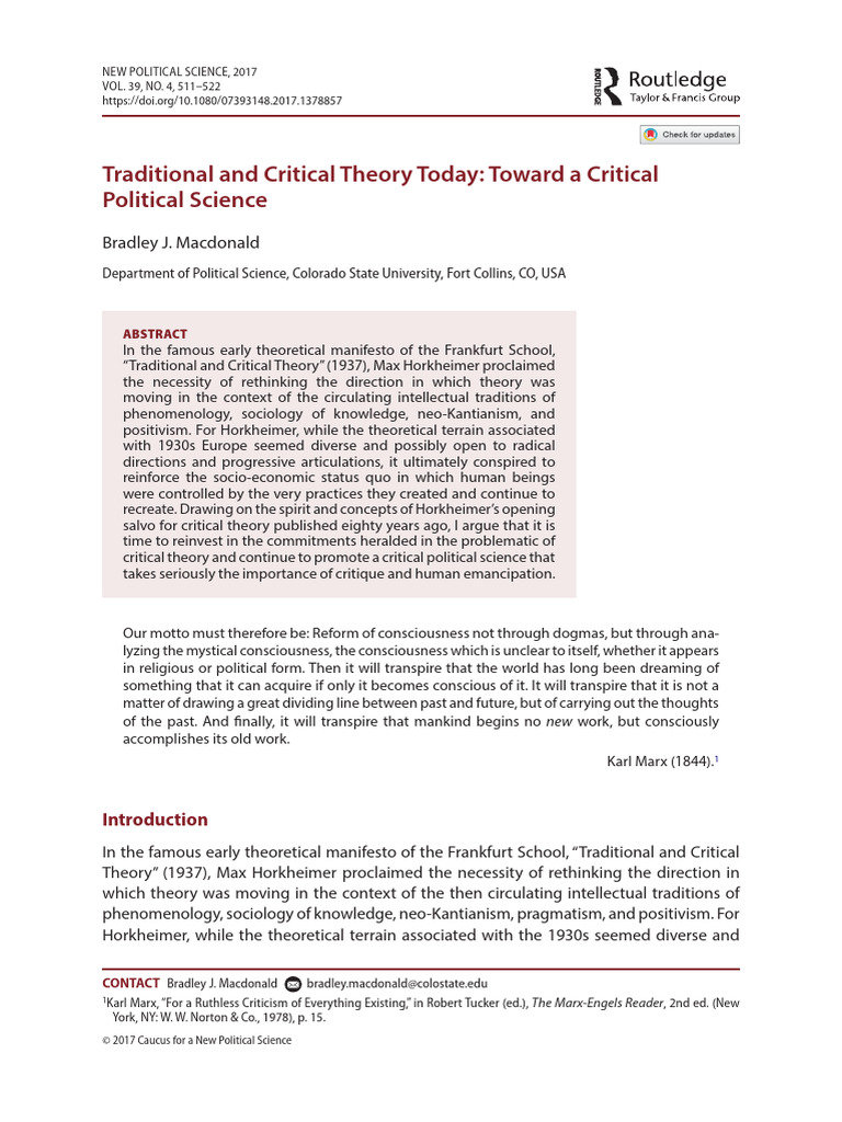 Macdonald Traditional Critical | PDF | Critical Theory | Karl Marx