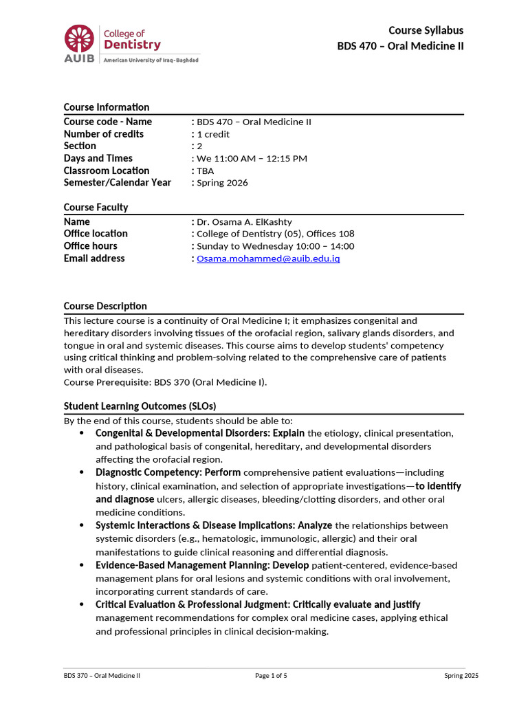 BDS 470 Oral Medicine II - Syllabus - Spring - 2026-OM-Sec2 | PDF ...