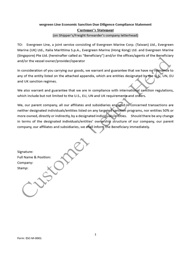 Evergreen Line Economic Sanction Due Diligence Compliance Statement | PDF