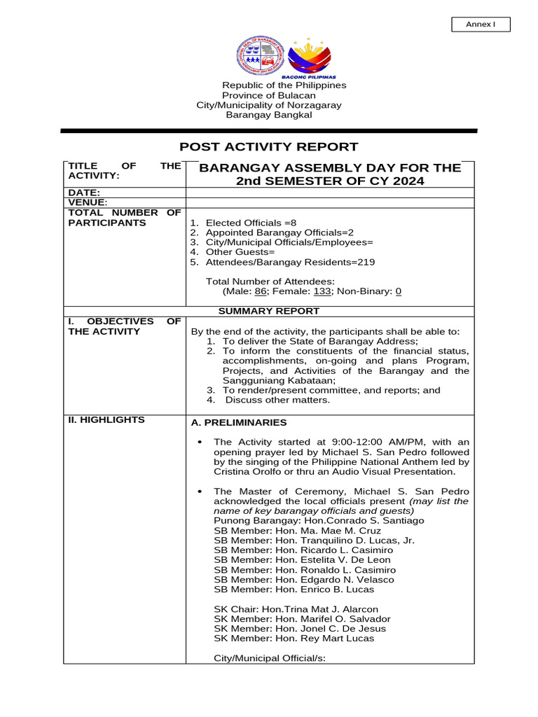 Annex I - Post Activity Report Barangay Bangkal | PDF