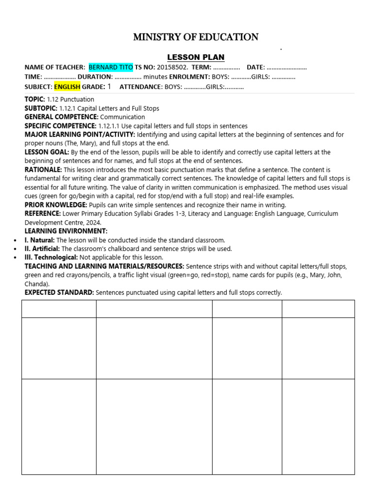 Grade 1 English Lesson Plan Sample On Punctuation | PDF | Question ...