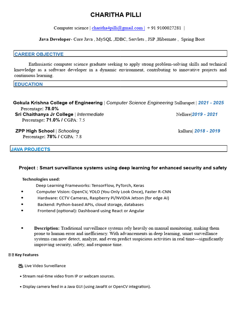 Charitha Pilli Java Developer Resuime | PDF | Java (Programming ...