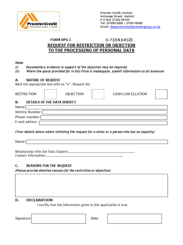 Form DPG 1 Request for Restriction or Objection | PDF