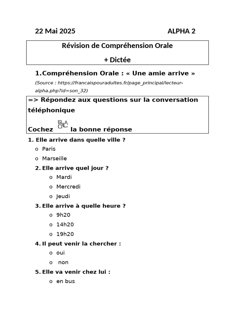 Révision Compréhension Orale + Dictée de Mots Et de Phrases FAL2 | PDF ...