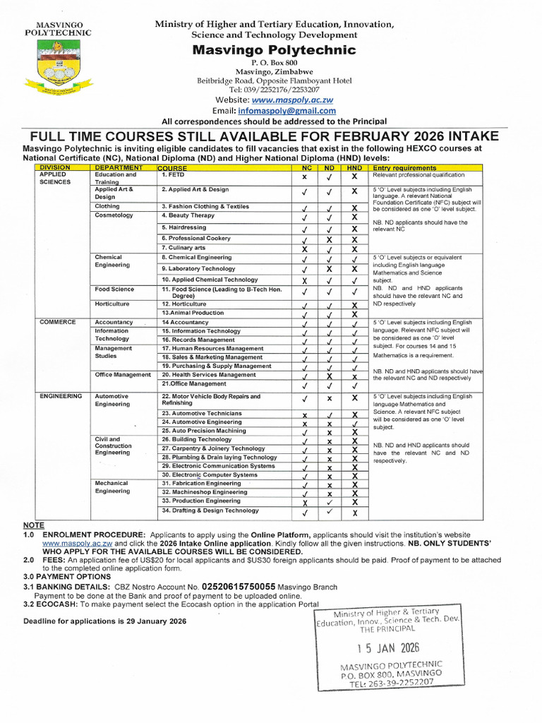 Masvingo Polytechnic February 2026 Inatke Full Time Courses Available | PDF