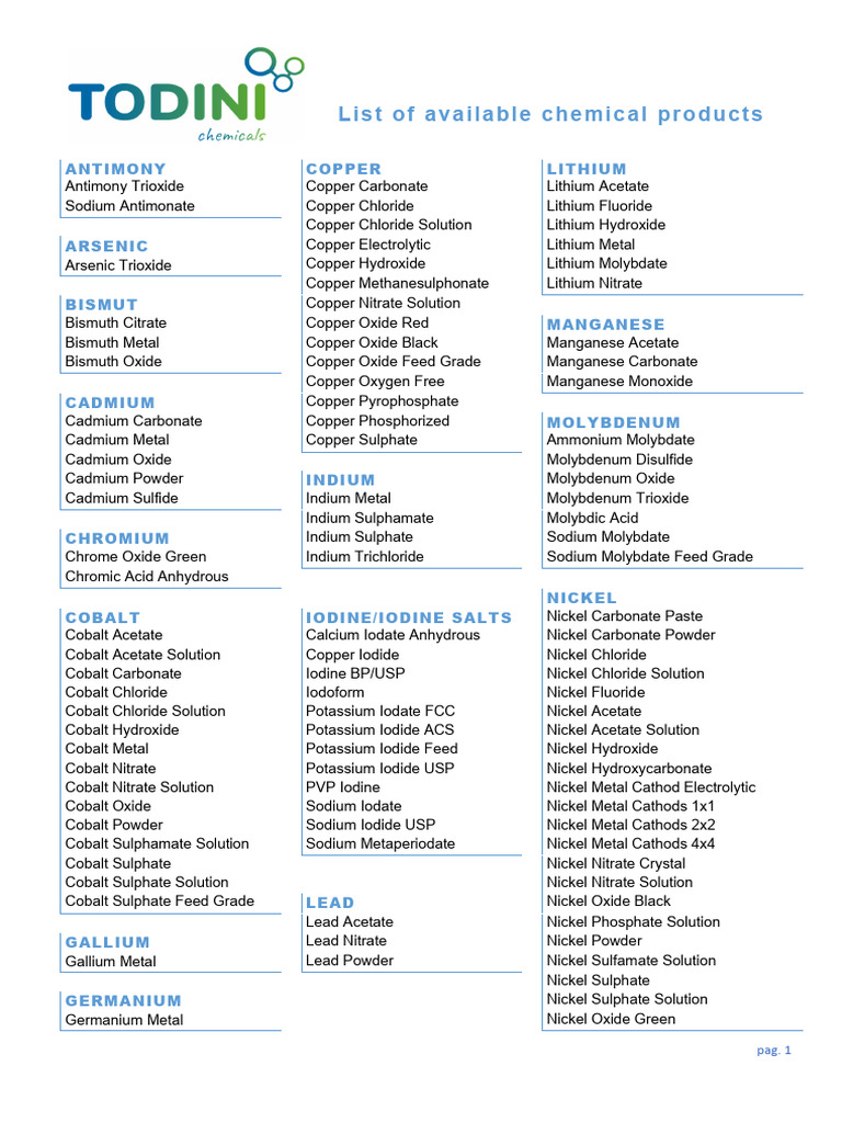PRODUCT LIST Todini Chemicals 2024 | PDF | Iodine | Cobalt