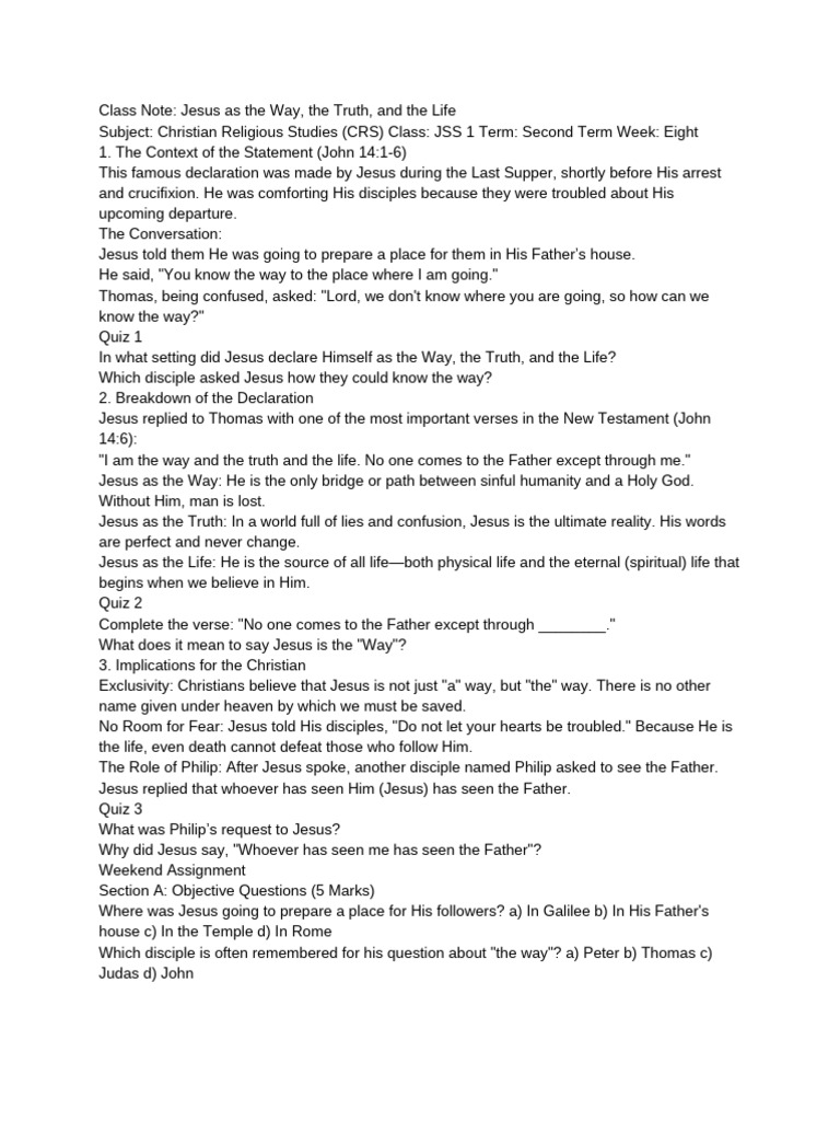Class Note- Jesus as the Way, The Truth, And the Life | PDF | Jesus ...
