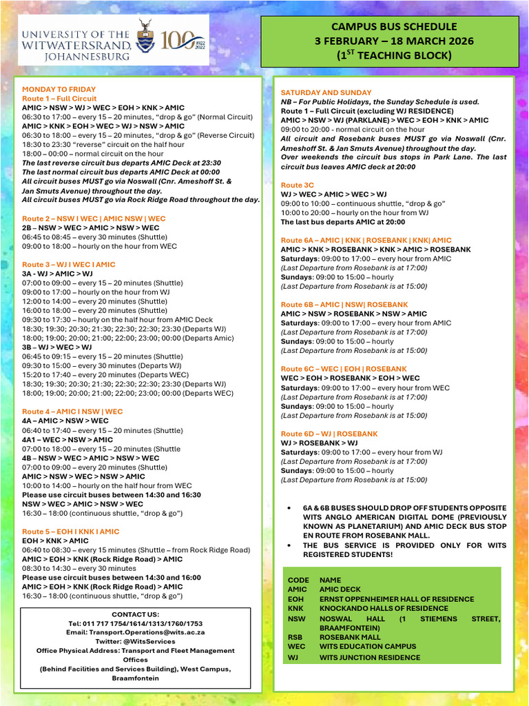 Campus Bus Schedule (1st Teaching Block - 2026) 3 February - 18 March ...