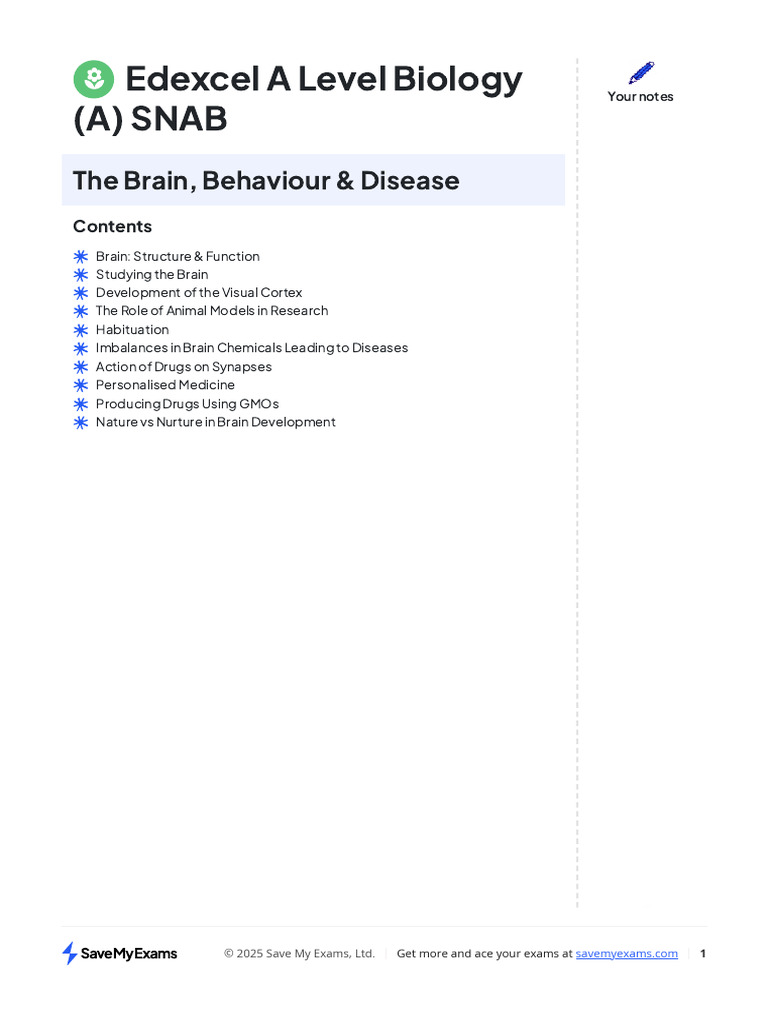 Edexcel A Level Biology (A) Snab: The Brain, Behaviour & Disease | PDF ...