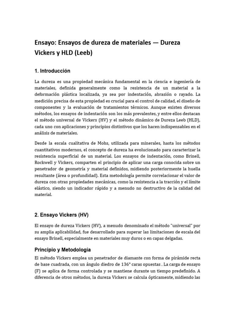 Ensayo Dureza Vickers HLD | PDF | Dureza | Ingeniería mecánica