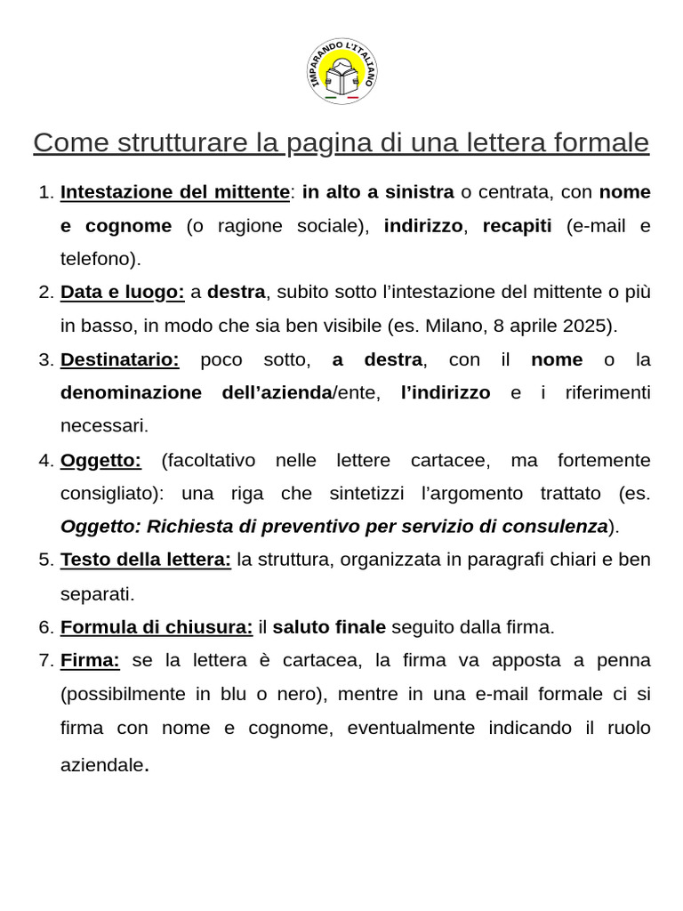 LETTERA FORMALE Struttura | PDF