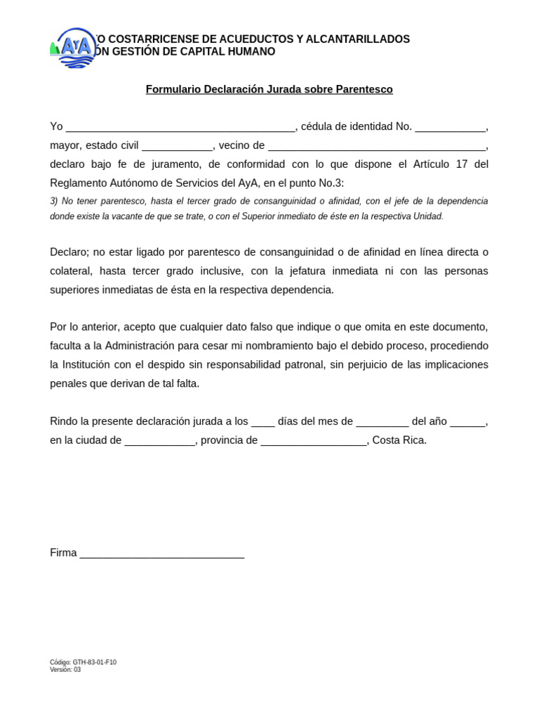 GTH-83-01-F10 Declaración Jurada de Parentesco V3-Vigente | PDF