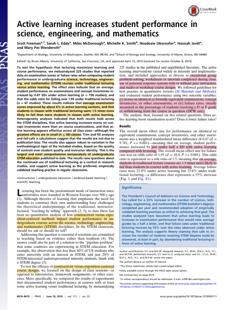 Freeman Et Al. 2014 - Active Learning Increases Student Performance in ...