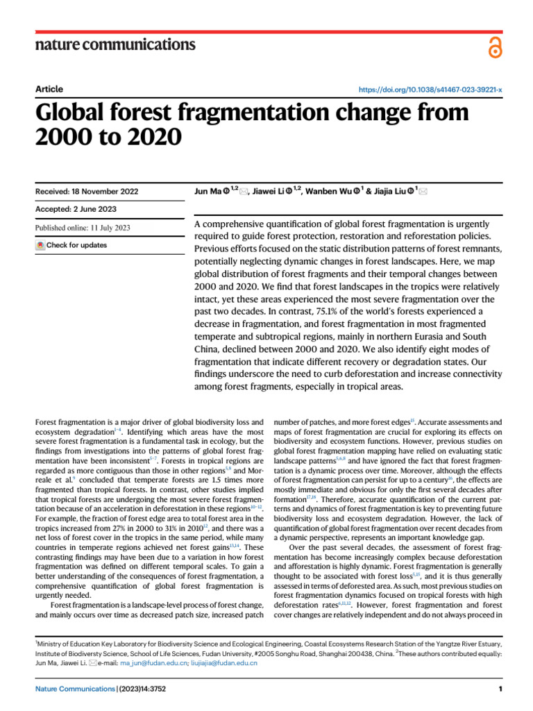 Ma et al 2023. Global forest fragmentation change from 2000 to 2020 ...