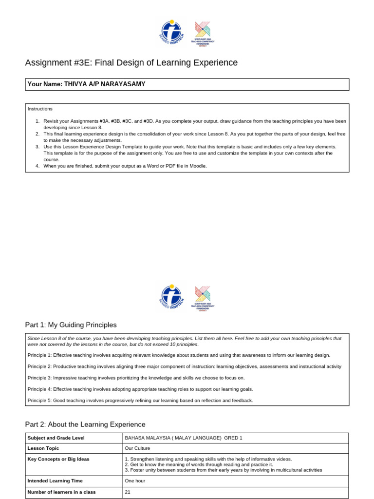 Assignment #3E - Final Design of Learning Experience | PDF | Learning ...