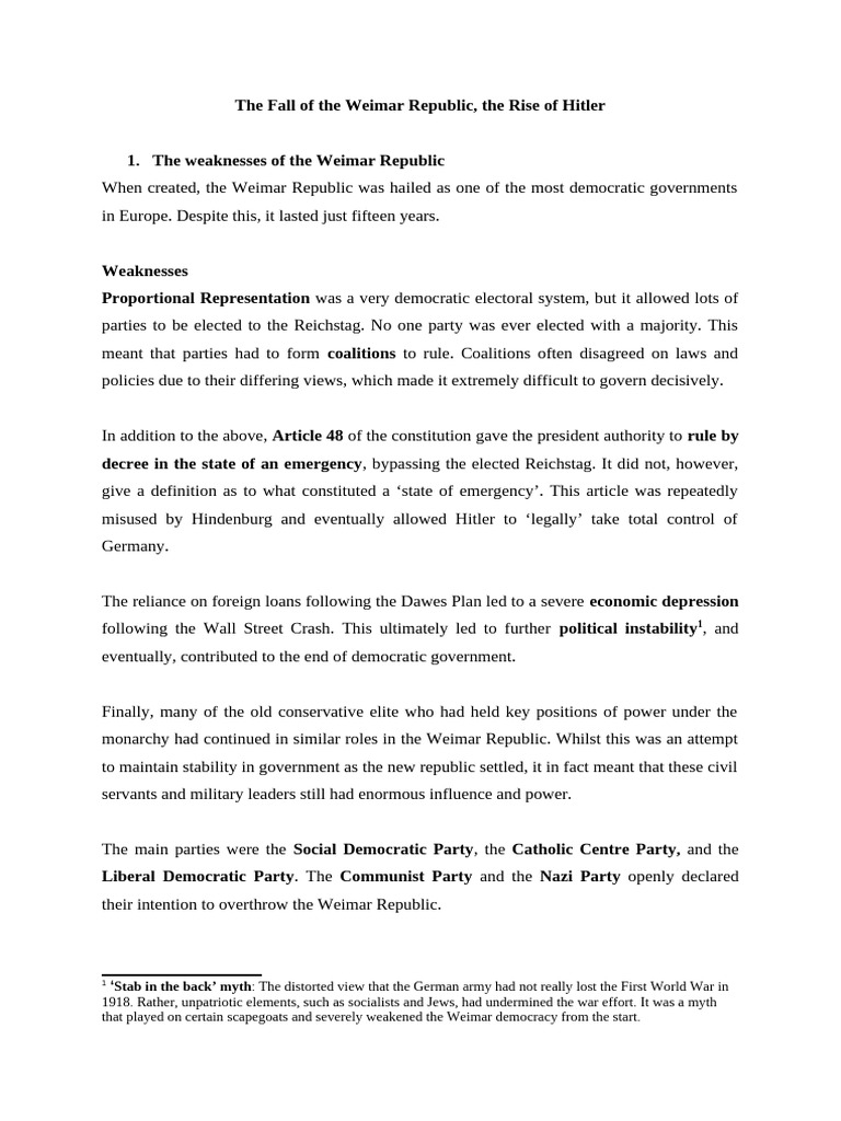 The Fall of The Weimar Republic, The Rise of Hitler-Material | PDF ...