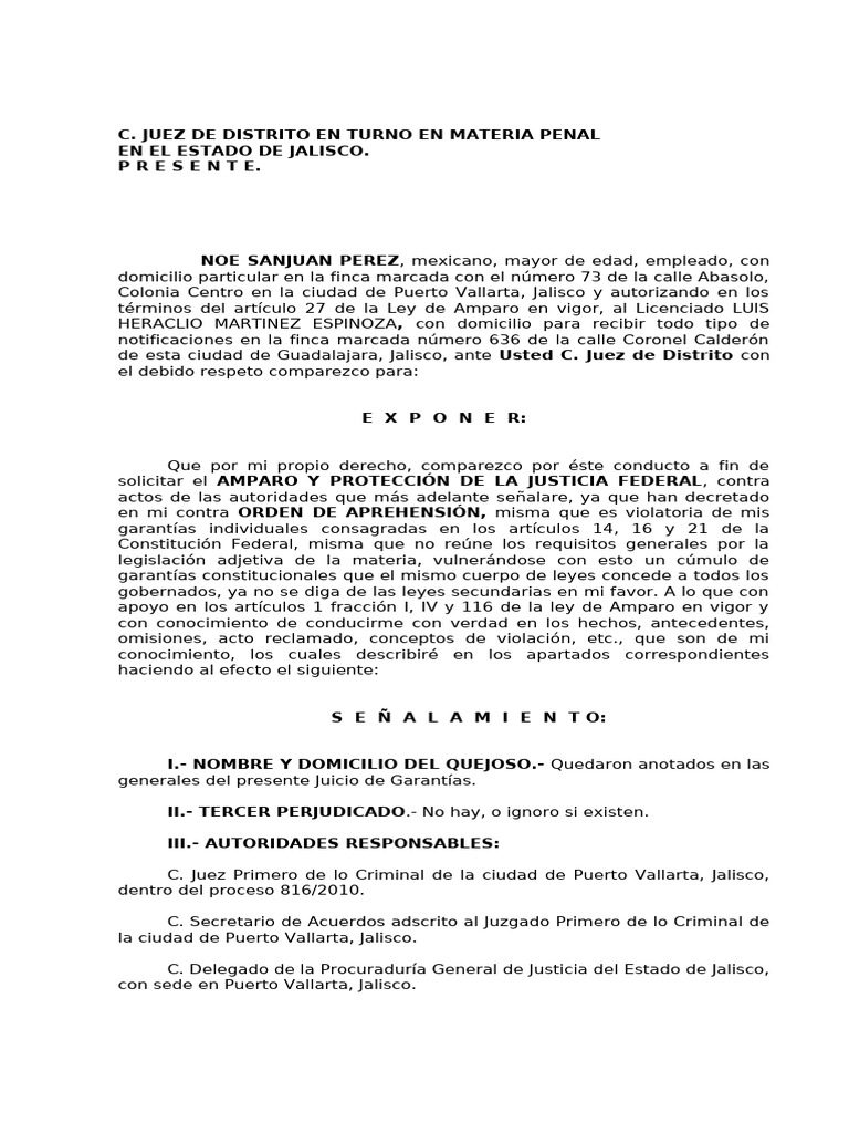 Amparo Contra Orden de Aprehensión Vallarta | PDF | Crímenes | Crimen y ...
