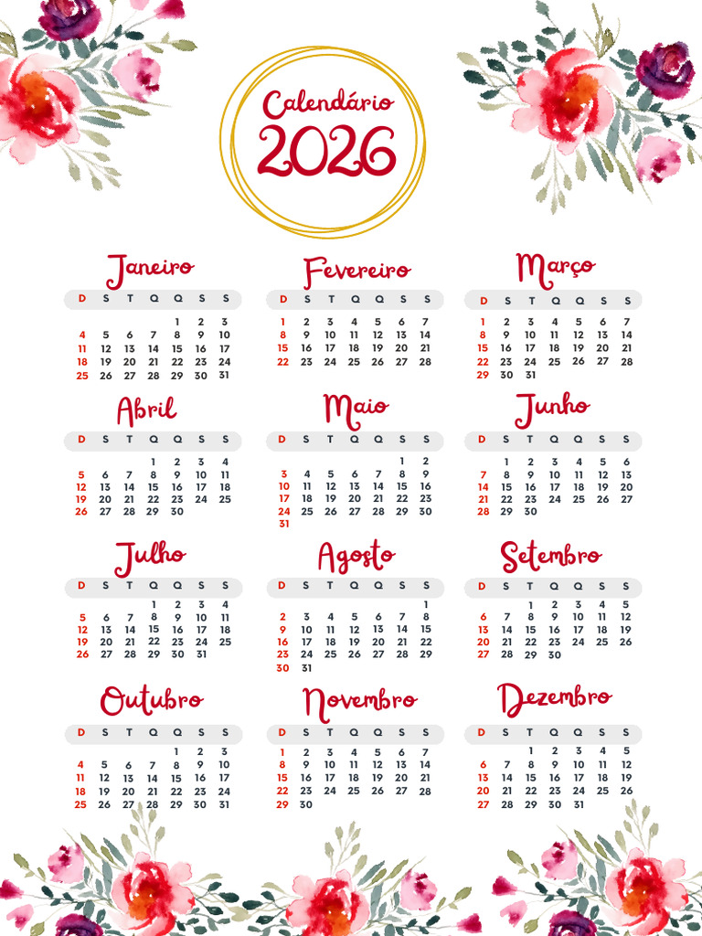 Vermelho e Rosa Floral Calendário de 2026 A4 | PDF