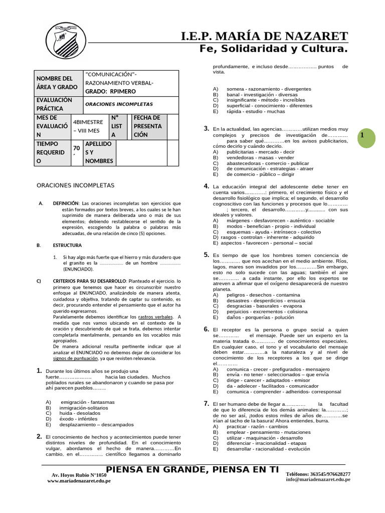 Pract de Oraciones Incomp | PDF