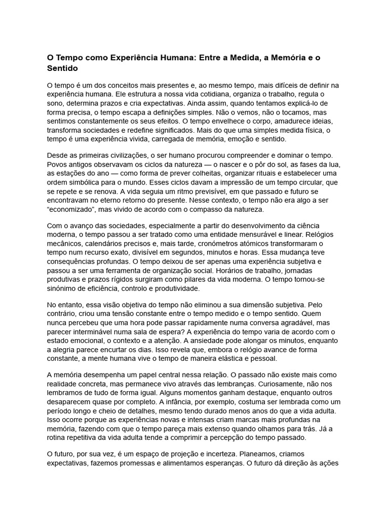 O Tempo Como Experiência Humana - Entre A Medida, A Memória e o Sentido ...