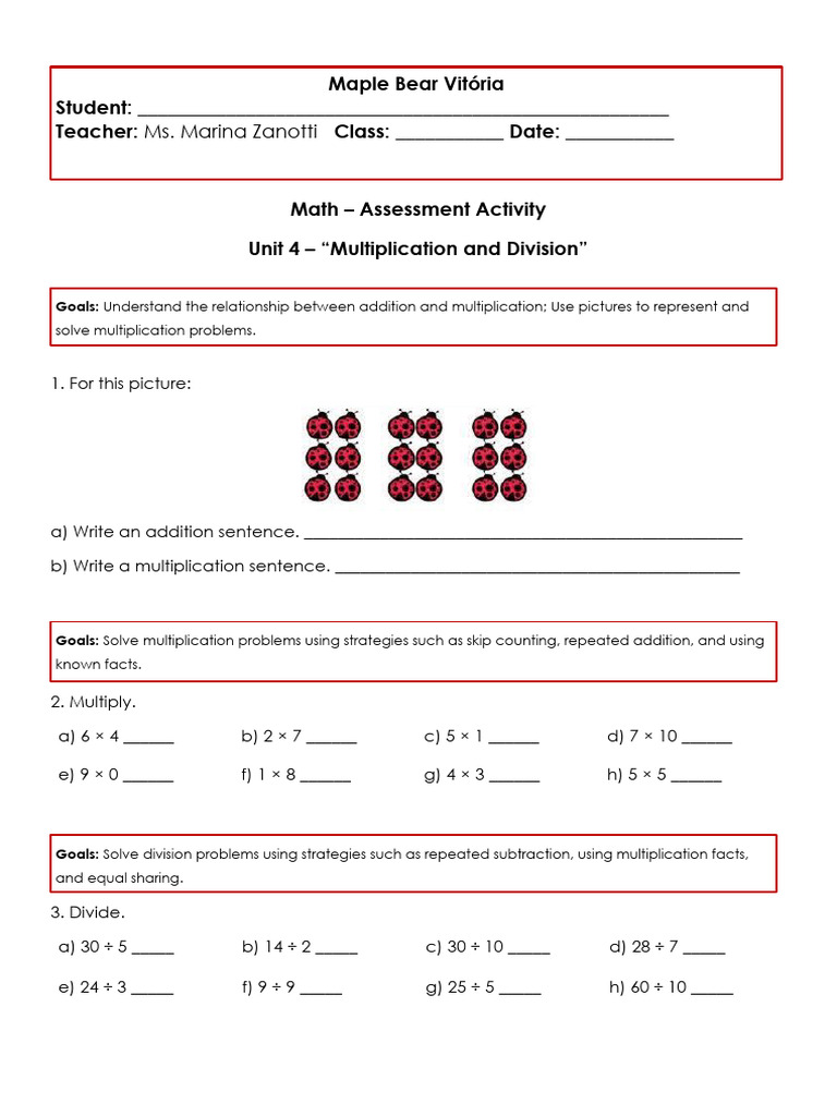 Math Test - Year 3 - Unit 4 - Multiplication and Division | PDF ...