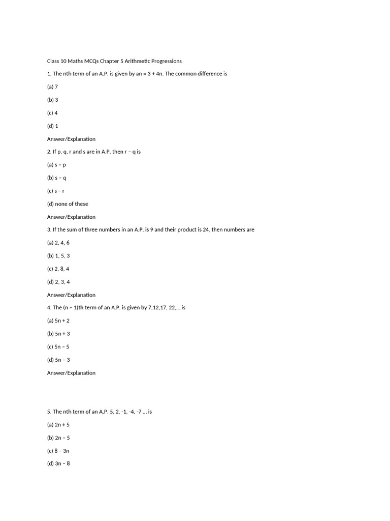 Class 10 Maths MCQs Chapter 5 Arithmetic Progressions | PDF