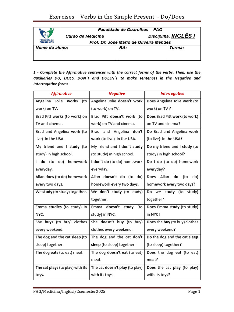 Exercicios Verbo Simple Present Do Does FAG 2025 Ingles I Answer Key ...