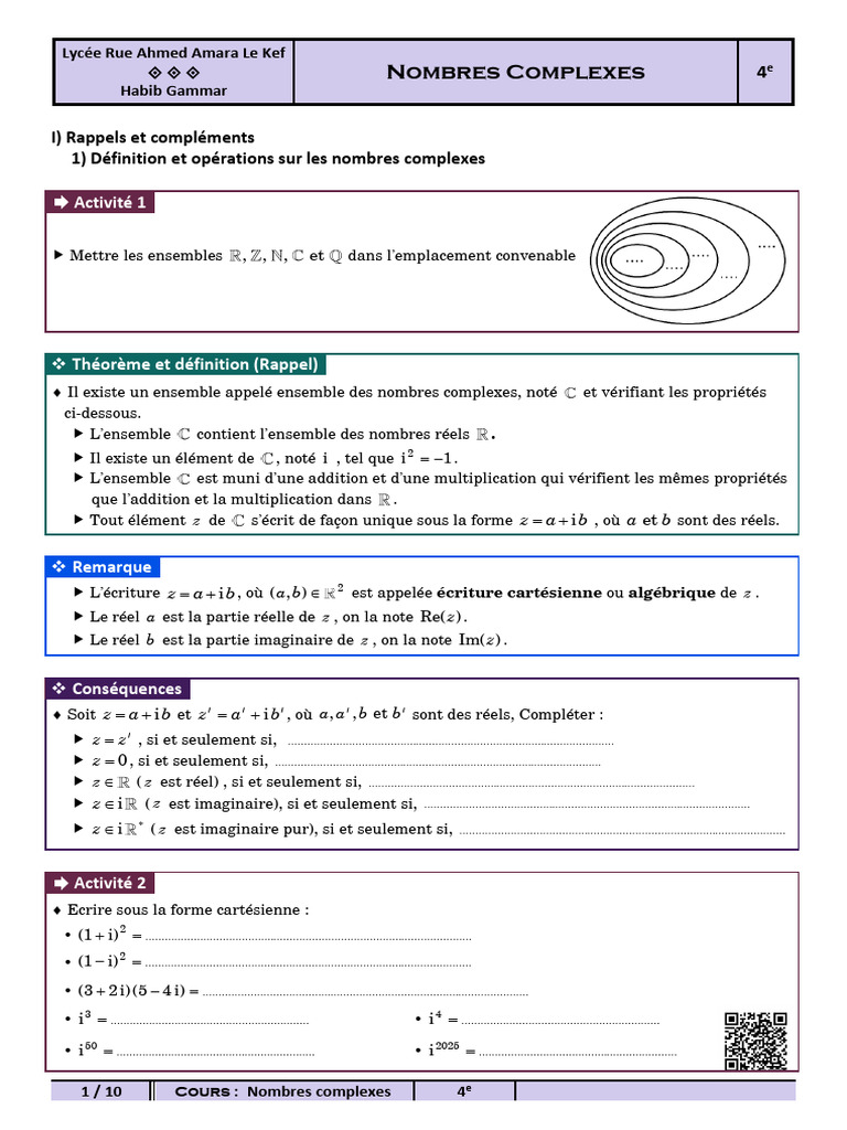 4.cours Nombres Complexes | PDF | Nombre complexe | Coordonnées ...