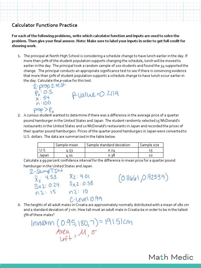Calculator Functions Worksheet Answer Key AP Stats Math Medic ...