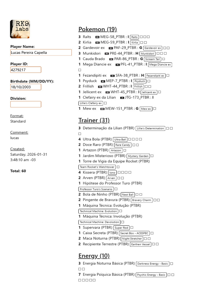 Player Deck List Lukinhas - RK9 | PDF | Pokémon