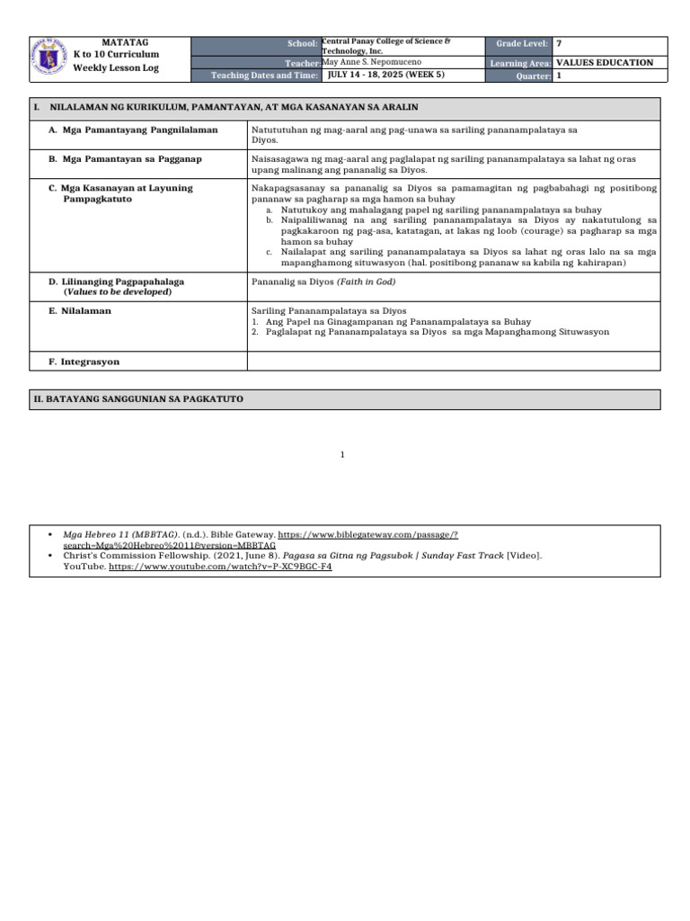DLL Matatag - Values Education 7 q1 w5 | PDF