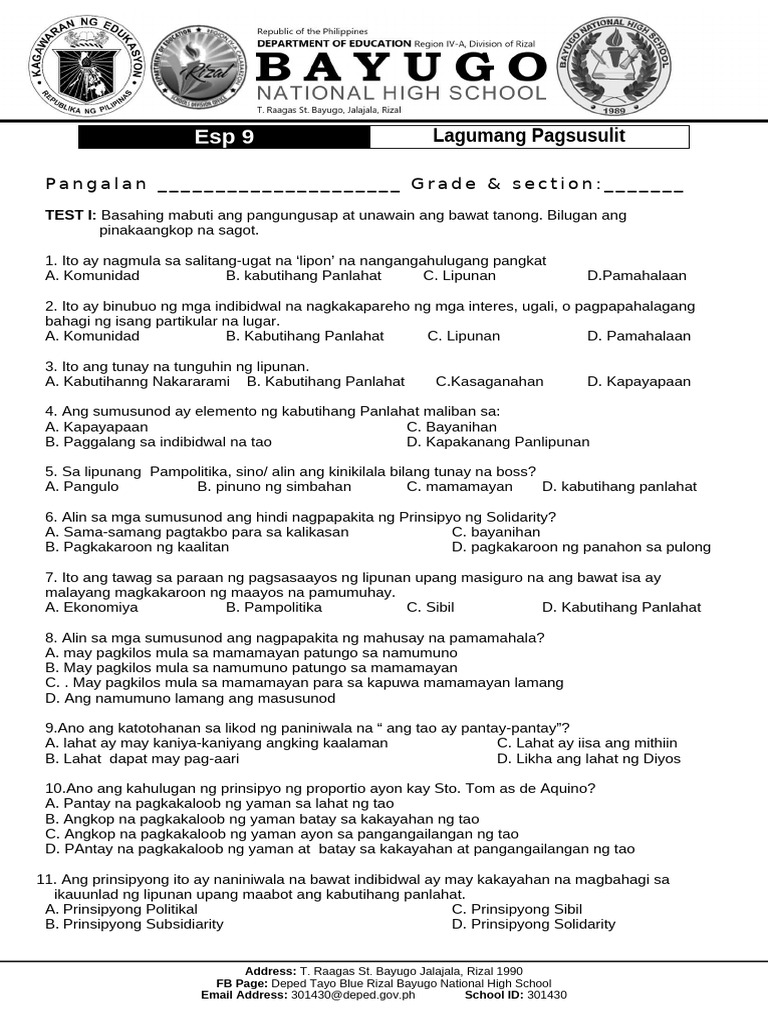 Summative Test - EsP 9 | PDF