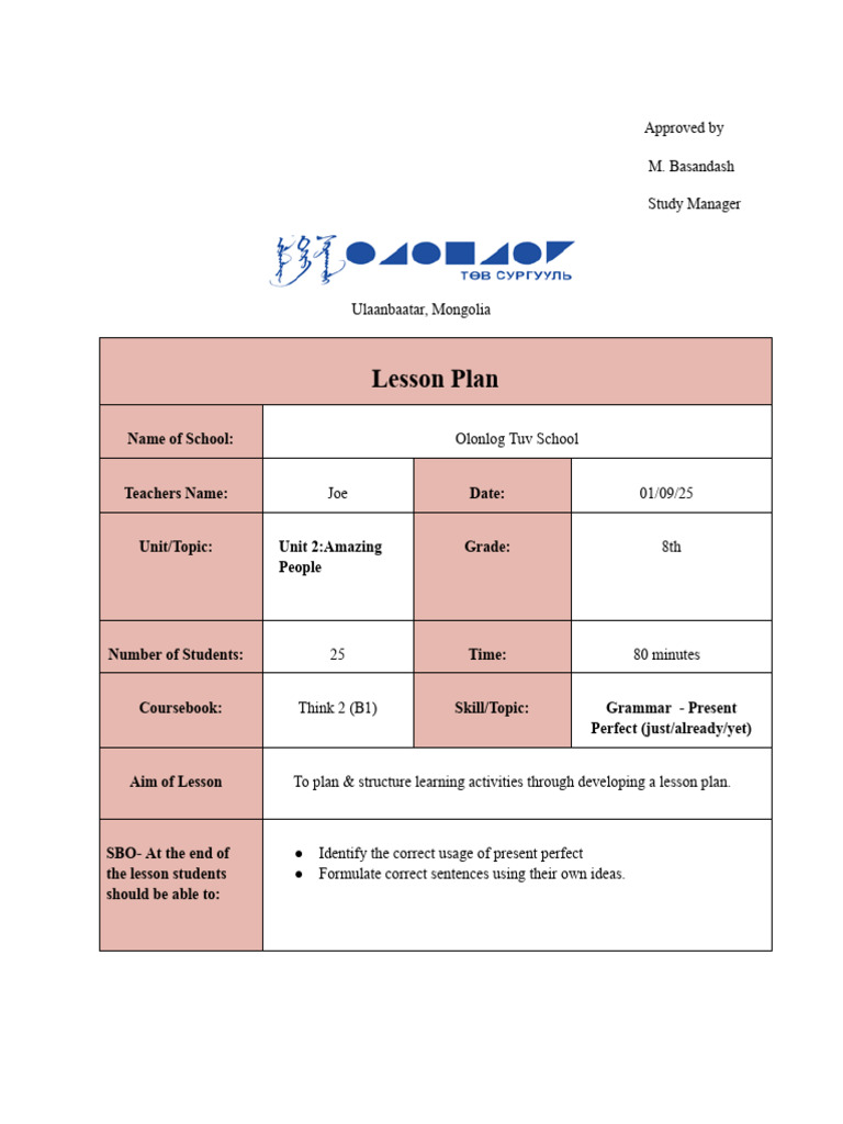 Present Perfect Lesson Plan | PDF | Lesson Plan | Behavior Modification