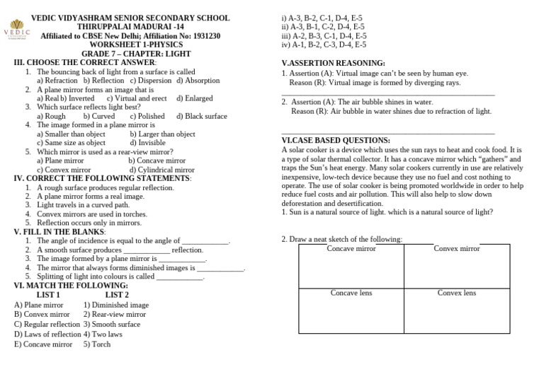 Grade 7 - Worksheet Light | PDF | Mirror | Light