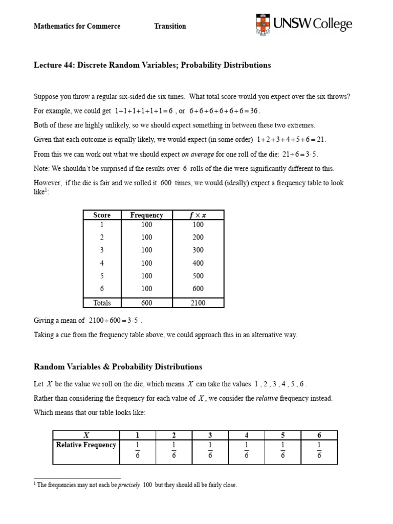 L44 Discrete Random Variables | PDF | Probability Distribution | Median