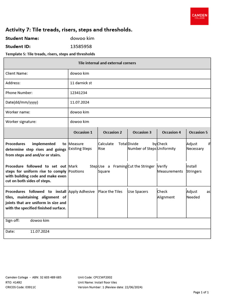 Activity 7 Template 5 Tile Treads J Risers J Steps and Thresholds ...