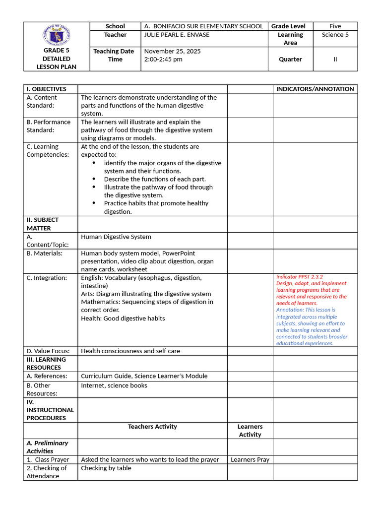 GRADE 5 LESSON PLAN-demoT2 | PDF | Gastrointestinal Tract | Learning