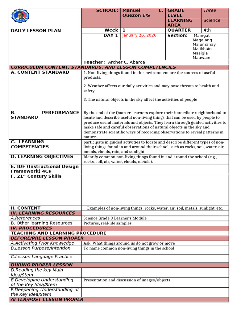 Science DLP 4TH Quarter Week 1 | PDF | Learning | Lesson Plan