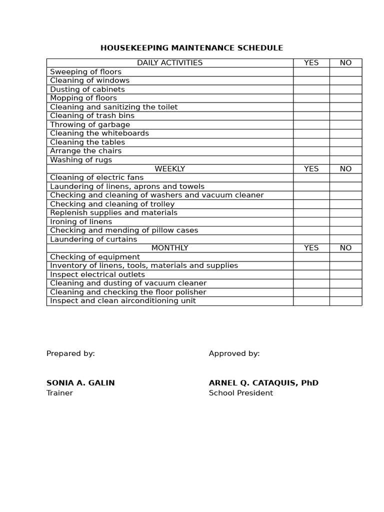 Housekeeping Maintenance Schedule | PDF